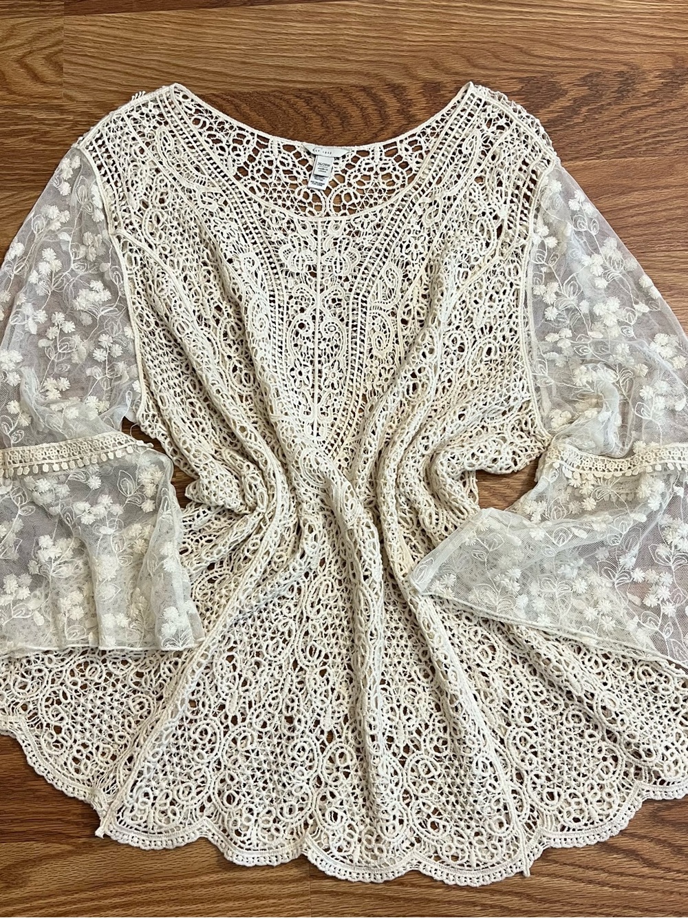 Boho Crochet Lace Peasant Top - Cream 100% Cotton Crochet